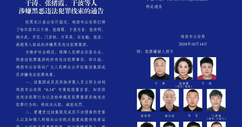 原哈尔滨市公安局副局长于涛涉黑　其共犯妻子曾任哈尔滨市人大代表