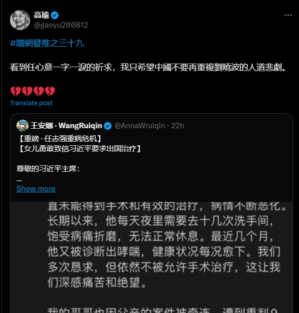 中国独立记者高瑜表达对任志强的关注（高瑜X截图）